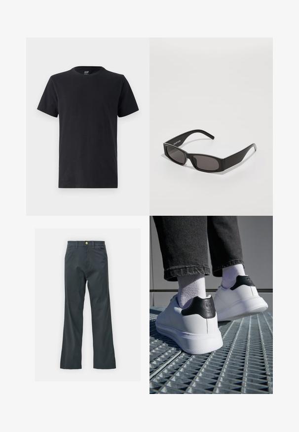 Crna pamučna majica s okruglim izrezom i kratkim rukavima. Glatka tekstura, redoviti kroj, s GAP logotipom na ovratniku.; Crne hlače s ravnim krojem, napravljene od tkanine s pamukom. Imaju metalnu dugmad za zatvaranje i bočne džepove. Nema vidljivih uzoraka.; Bijele tenisice s crnim detaljem na peti koji sadrži dizajn nasmijanog lica, od glatke kože, ravnim gumeni potplat i teksturiranim detaljima.; Crne pravokutne sunčane naočale s tamnim lećama, glatkim plastičnim okvirom i suptilnim logotipom na lijevoj dršci. Minimalistički dizajn.