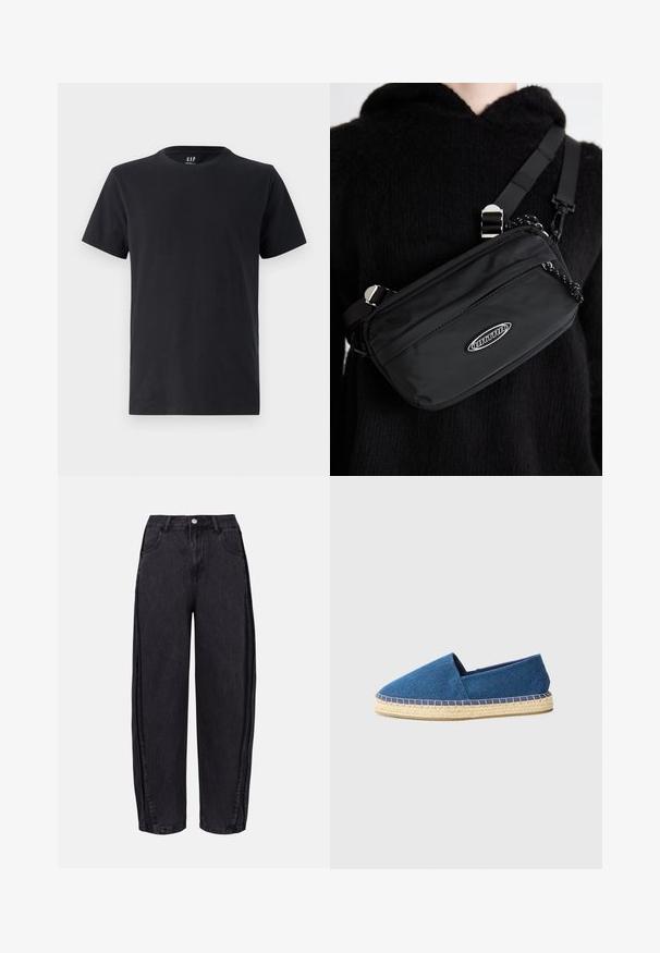 Crna pamučna majica s okruglim izrezom i kratkim rukavima. Glatka tekstura, redoviti kroj, s GAP logotipom na ovratniku.; Crne široke traperice izrađene od denima s glatkom teksturom. Imaju visok struk, prednje džepove i zatvaranje na gumbe na struku.; Plave platnene espadrile zatvorenog prsta, sa jute potplatom i ušivenim rubom. Glatka tekstura tkanine i dizajn s niskim profilom.; Crna najlon crossbody torba s podesivom trakom, koja se odlikuje glatkom teksturom, prednjim džepom na patentni zatvarač i logotipom kao akcentom.