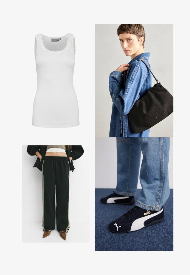 Weißes Tanktop aus weichem, dehnbarem Stoff mit rundem Ausschnitt und schmalen Trägern. Es zeichnet sich durch eine glatte Textur und eine figurschmeichelnde Passform aus.; Schwarze, lässige Jogginghosen mit elastischem Bund und seitlichen Taschen, die kontrastierende, hellbeige Streifen entlang der Beine aufweisen.; Schwarze Wildledersneaker mit weißen Akzenten und einem goldenen Logo. Getragen mit hellblauen Jeans und auf einer strukturierten blauen Oberfläche platziert.; Schwarze Wildleder-Handtasche mit weicher, strukturierter Form, ausgestattet mit einem schmalen Ledertrageriemen und dezentem Markenlogo. Das Modell trägt eine Jeansjacke.