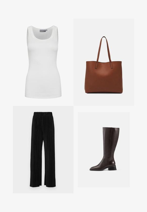 Camiseta sin mangas blanca hecha de una tela suave y elástica con un escote redondo y tirantes delgados. Presenta una textura lisa y un diseño ajustado.; Pantalones negros de pliegues con una cintura elástica. Presentan piernas anchas y una tela suave y texturada con rayas verticales.; Botas de cuero marrón hasta la rodilla con un acabado suave, punta redonda y un tacón negro de pala. Diseño simple con detalles de herrajes mínimos.; Bolso tote de cuero marrón con una textura suave, diseño de apertura superior y dos correas para el hombro. Presenta una costura mínima y sin herrajes visibles.