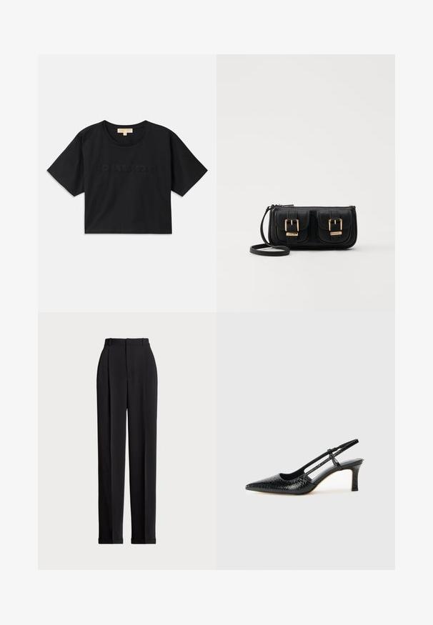 Must have mustakroot särk, mis on valmistatud puuvillast. Omab ümmargust kaelust ja lühikesi varrukaid. Ees on sama värviga tikitud "MICHAEL KORS".; Mustad kohandatud püksid kõrge vöökohtaga, ees plisseeritud, sirge sääre disainiga ja mansetiga hem. Valmistatud sileda kangaga.; Mustmust paelad, millel on terav varvas, tekstuuriga maduprindiga, reguleeritav rihm ja lühike tekstuuriga plokknina.; Must küllastamata nahast õlakott, millel on kaks esist nähtavat taskut, kuldsed pandlad, tõmblukuga sulgemine ja peen rihm. Tekstuuriga pind ja kompaktne ristkülikukujuline kuju.