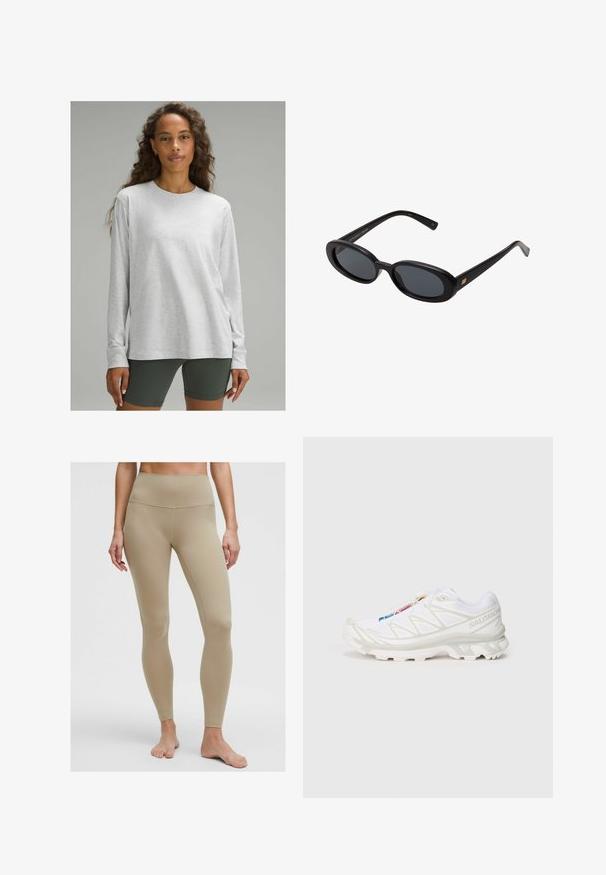 Lange mouw lichtgrijs shirt van een zachte, gestructureerde stof met een ronde hals en een relaxte pasvorm, gecombineerd met donkergroene shorts.; Beige high-waisted legging van rekbaar materiaal, met een gladde textuur en zonder zichtbare patronen of hardware-details.; Witte sportieve schoen met een gestructureerde mesh bovenkant, reflecterende accenten en een gevoerde zool. Opvallend merklogo aan de zijkant.; Zwarte oversized zonnebril met ovale lenzen, een glad plastic montuur en gouden accenten op de pootjes. Donkere lenzen bieden bescherming tegen de zon.