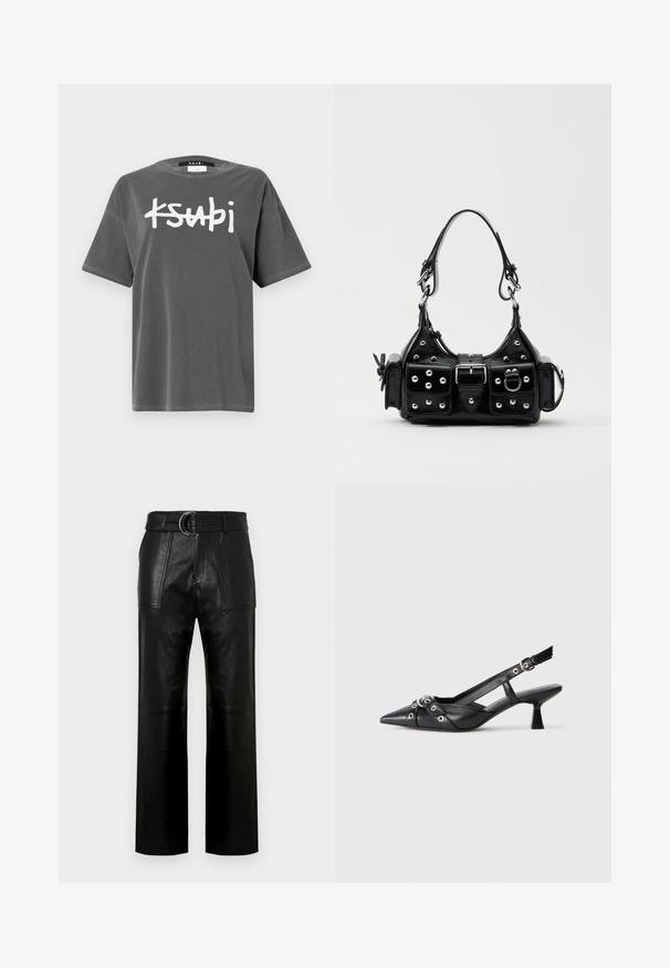 Ksubi TEE - Potiskana majica - charcoal grey; Visoko pasovane črne usnjene hlače širokih nogavic z velikimi sprednjimi žepi in usnjenim pasom s podvojenim zaponko.; Črne usnjene sandale središnje zaponke z ostro konico, okrasnimi trakovi z kovinskimi očesi in nizko blokasto peto. Teksturirana površina.; Črna usnjena torbica s ukrivljenim dizajnom, ki vsebuje srebrne žebljičke, zaponko in dve stranski žepki. Nastavljiv trak za različne možnosti nošenja.