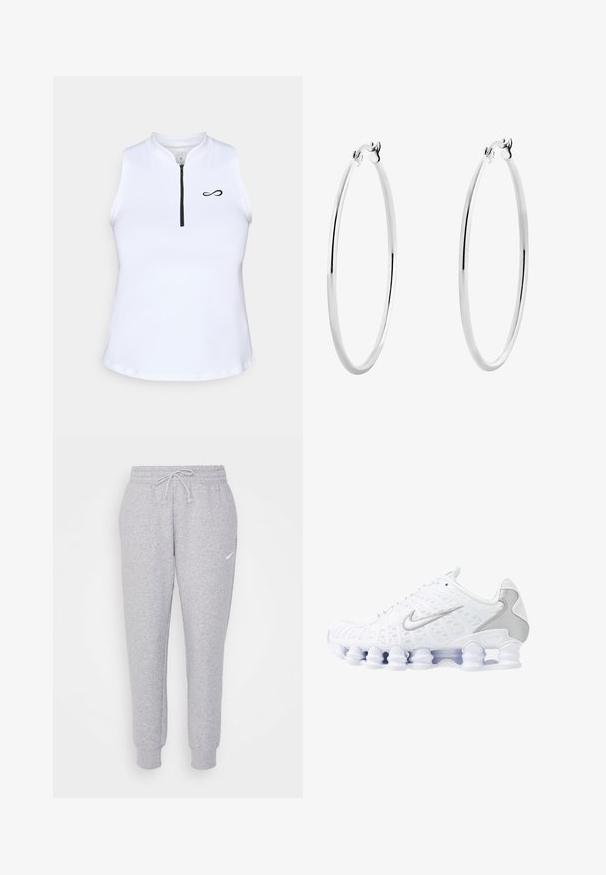 Biała koszulka bez rękawów z wysokim kołnierzem, z przodu z zamkiem błyskawicznym i czarnym logo po lewej stronie. Gładki, lekki materiał.; Jasnoszare dresy z regulowanym pasem, zwężanymi nogawkami i małym białym logo na lewej udzie. Wykonane z miękkiego, teksturowanego materiału.; Białe buty sportowe z siateczkową cholewką, srebrnymi akcentami i unikalnym designem podeszwy w postaci cewki. Posiadają wyściełany kołnierz oraz zapięcie na sznurowadła dla lepszego dopasowania.; Srebrne kolczyki koła o gładkim, polerowanym wykończeniu i bezszwowym designie, z zaokrąglonymi krawędziami i bezpiecznym zapięciem.