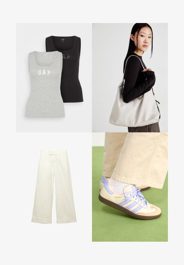 GAP TANK 2 PACK - Top - black/grey; Wide-leg trousers in soft, cream fabric. Features a flat front waistband and rolled cuffs. Smooth texture with a clean, minimalist design.; Cream and lavender sneakers with three stripes and a textured brown sole, featuring laces and a padded heel. Soft fabric upper.; Beige handbag made of soft material, featuring a slouchy design, stitched detailing, and two shoulder straps. Suitable for everyday use.