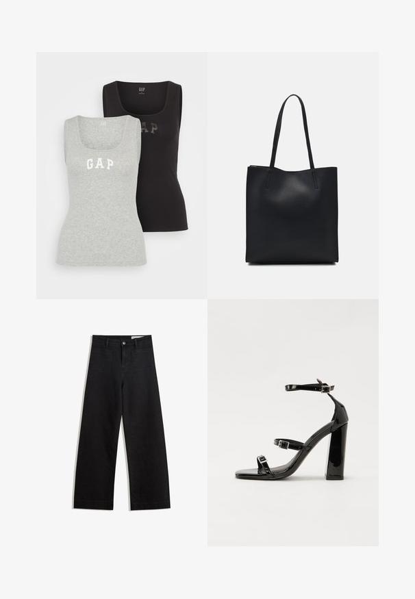 GAP TANK 2 PACK - Top - black/grey; Zwarte denim broek met wijde pijpen en een hoge taille, voorzien van voor- en achterzakken, gestikte naden en een knoopsluiting. Gladde textuur.; Zwarte gepatenteerde sandalen met hak en een vierkante neus, enkelbandjes en zilveren gespen. Heeft een stevige blokhak voor stabiliteit.; Zwarte leren handtas met een gladde textuur, rechthoekige vorm en twee lange handvaten. Geen zichtbare hardware of versieringen.
