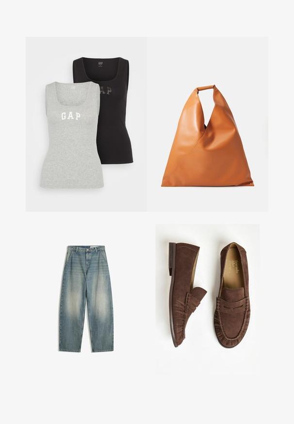 GAP TANK 2 PACK - Top - black/grey; Blå vide ben jeans med falmede farver, forneden lomme, bæltestropper, lynlås og knaplukning, lagt fladt på en hvid baggrund.; Brune ruskinds loafers med flad hæl, der har et plisseret design og stikninger. Indvendigt har de en lys foring.; Tan glat læder triangel håndtaske med kort rundet håndtag og blød, slasket struktur på en hvid baggrund.