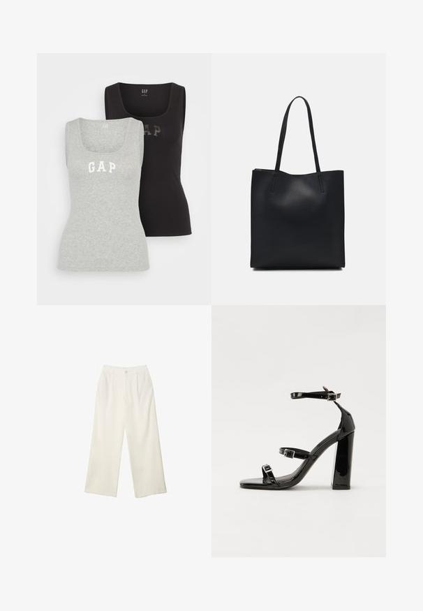 GAP TANK 2 PACK - Top - black/grey; Pantaloni a gamba larga in tessuto crema con una texture liscia, caratterizzati da un singolo bottone frontale, pieghe sottili e un design a vita alta.; Sandali con tacco in vernice nera, con punta squadrata, cinturini alla caviglia e fibbie in argento. Presentano un tacco a blocco spesso per maggiore stabilità.; Borsa tote in pelle nera con texture liscia, forma rettangolare e due manici lunghi. Nessun hardware o decorazione visibile.