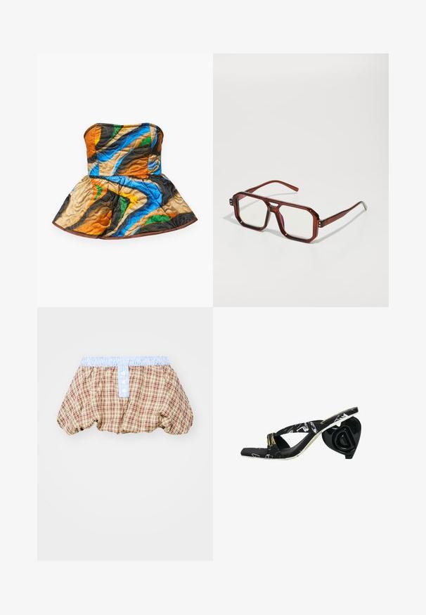 Gestepptes, trägerloses Oberteil mit einem Peplum-Design. Es hat farbenfrohe Muster in Orange, Blau, Grün und Braun auf einem strukturierten Stoff.; Kariert gepuffte Shorts in Braun, Beige und Rot mit einem hellblau gestreiften Taillenbund und Knopfdetails an der Vorderseite.; Schwarze Flip-Flops mit überkreuzten Riemen, gemustertem Obermaterial und einem skulpturalen schwarzen herzförmigen Absatz mit Logo-Detail.; Braune transparente übergroße Brillen mit rechteckigen Gläsern und schlanken Bügeln. Abgewinkelte, leicht abgerundete Ecken und sichtbare Hardware-Akzente.