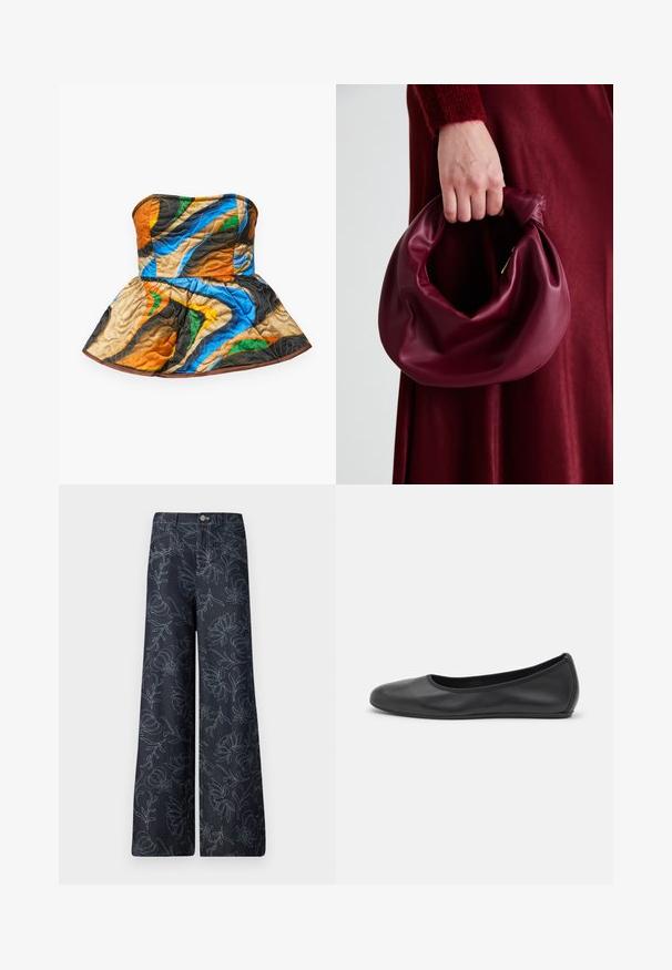 Vadderad strapless topp med peplum-design. Har färgglada mönster i orange, blått, grönt och brunt på ett texturerat tyg.; Mörk denimvidbyxor med ett broderat blommönster i ljusblått. Klassisk design med fem fickor och knappstängning fram.; Svart läderballerinaskor med rund tå, slät yta, minimala söm detaljer och en flexibel sula.; Burgundy läderhandväska med en mjuk, samlad design och rundad form. Handtaget är säkrat och visar en slät yta.