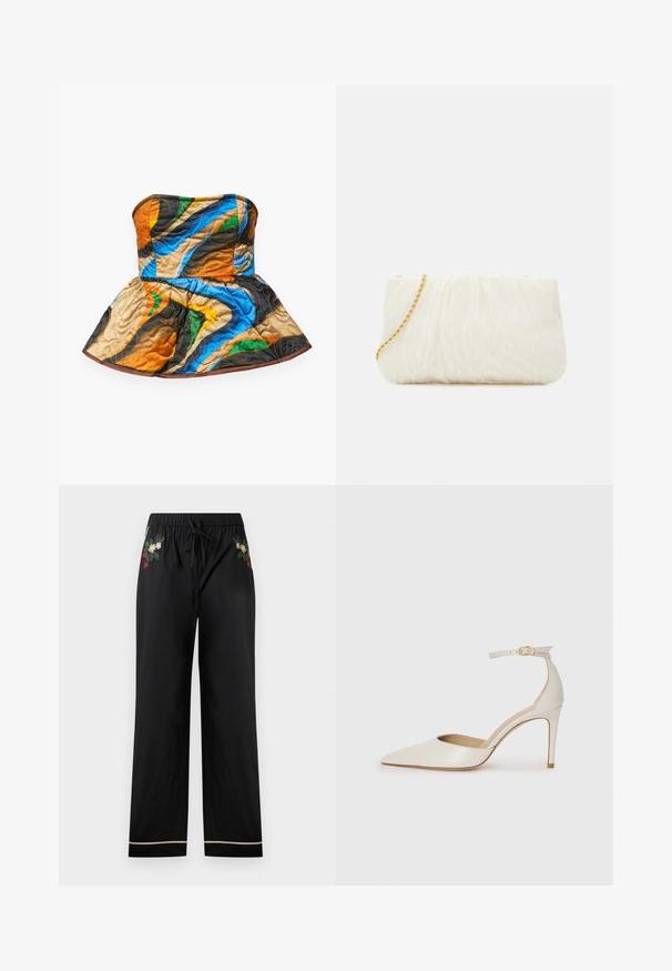 Quilted strapless top with a peplum design. Features colorful patterns in orange, blue, green, and brown on a textured fabric.; Black wide-leg pants feature an elastic waistband with a drawstring, embroidered floral designs in colors, and a contrasting trim at the hem.; White leather high-heeled shoe with a pointed toe, ankle strap, and a slim stiletto heel. Smooth texture with subtle glossy finish.; White textured clutch bag with a gathered design, featuring a gold chain strap. Smooth finish with subtle waves and rounded edges.