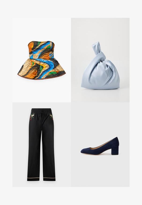 Tűzött, pánt nélküli top peplum fazonnal. Élénk színekben mintázva: narancs, kék, zöld és barna egy texturált anyagon.; Fekete bő szárú nadrág, rugalmas derékrésszel és húzózsinórral, színes hímzett virágmintákkal és kontrasztos díszítéssel az alján.; Tengerészkék velúr, hegyes orrú pumpa, középmagas tömbsarkúval. Simítású felület finom fénylő hatással, elöl egy kis kivágással.; Nanushka JEN - Kézitáska - ice blue