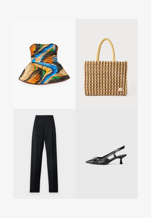 Top senza spalline trapuntato con design a peplum. Presenta motivi colorati in arancione, blu, verde e marrone su un tessuto texturizzato.; Pantaloni neri realizzati in tessuto morbido, caratterizzati da vita alta, gambe larghe, pince frontali e classiche passanti per cintura. Non ci sono tasche laterali visibili.; Scarpa slingback nera in pelle con punta affusolata, cinturini decorativi con occhielli metallici e tacco basso a blocco. Superficie testurizzata.; Borsa intrecciata marrone e gialla, con forma rettangolare, due cinghie per manico e una finitura testurizzata con cuciture visibili e un'etichetta del marchio.