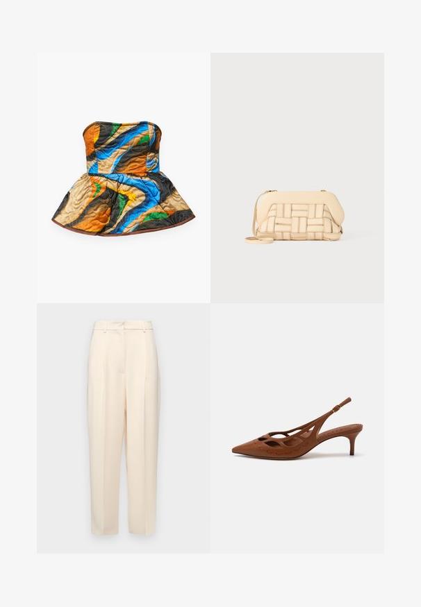 Stehnutý top bez ramienok s peplum dizajnom. Obsahuje farebné vzory v oranžovej, modrej, zelenej a hnedej na textúrovanej tkanine.; Béžové nohavice na mieru s rovnom strihom, so záhybmi vpredu, hladkým textúrom a stredným pásom. Bez viditeľných vreciek.; Hnedá kožená slingback obuv na podpätku s špicatou špičkou, výrezovým dizajnom a prešívanými detailmi. Obsahuje štíhly podpätok a nastaviteľný remienok.; Tkaná béžová kabelka so štruktúrovaným dizajnom, s hladkým vrchom a dlhým popruhom. Textúrované detaily zlepšujú celkový vzhľad.