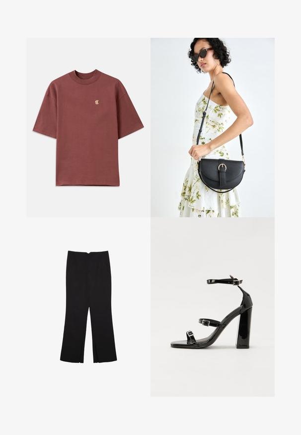 Lyhythihaisessa tummanpunaisessa puuvillapaidassa on pyöreä kaula-aukko ja pieni kultainen brodeerattu logo vasemmassa rinnassa.; Mustat housut suoralinjaisella leikkauksella, joissa on etutaskut ja sivurei'ät helman alla. Valmistettu pehmeästä ja sileästä kankaasta. Sopii eri tilaisuuksiin.; Musta kiiltävä korkokenkä sandaalit neliönmuotoisella varpaalla, nilkkaremmillä ja hopeisilla soljilla. Varustettu tukevalla lohkokorkealla vakauden takaamiseksi.; Musta nahkainen käsilaukku, joka on kaareva muotoilultaan, irrotettavalla hihnalla ja kultaisilla yksityiskohdilla. Laukussa on läppä, jossa on solk yksityiskohta.