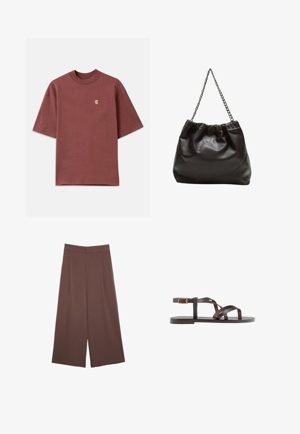 Majica s kratkimi rokavi v temno rdeči barvi iz bombaža, ima krožni ovratnik in majhen zlat vezen logotip na levem prsnem delu.; Rjave široke hlače z gladko teksturo, ki imajo visok pas in sprednje naborke. Tkanina je lahka in prosto pada.; Rjav usnjen sandal z načinom prečnega črta, zaklepom okoli gležnja in ravnim podplatom z minimalnimi šivi.; Rjava usnjena torba z nabranim vrhom in verižnim trakom. Gladka tekstura z sijajno površino in subtilnimi šivi na straneh.