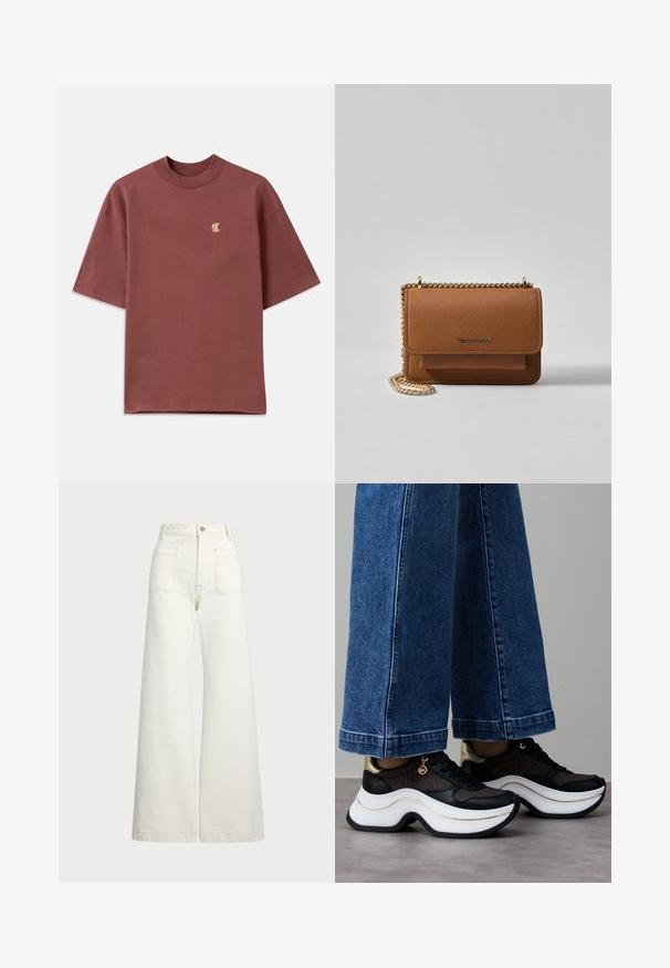 T-shirt de manga curta em marrom, em algodão, com decote redondo e um pequeno logotipo dourado bordado no lado esquerdo do peito.; Jeans de perna larga em denim off-white. Design de cintura alta com fecho de botão, dois bolsos frontais e detalhes de costura em contraste.; Ténis pretos e dourados com sola branca curva. Tecido texturizado com detalhes do logótipo. Combinados com calças largas de ganga azul.; Bolsa crossbody de couro texturizado castanho com alça de corrente dourada e fecho com aba. A parte da frente apresenta detalhe do logótipo e um bolso sob a aba.