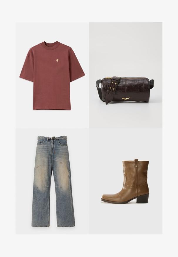 Maroon cotton t-shirt with a relaxed fit, short sleeves, and a round neck. Features a small gold "C" logo on the left chest.; Light blue denim jeans with a loose, straight-leg design. Features whiskering, fading, and distressed details near knees. Classic five-pocket style.; Brown leather ankle boot with a square toe, textured finish, and a low stacked heel. Features a rear pull tab and subtle stitching details.; Brown crocodile-embossed leather bag with a cylindrical shape, gold-tone hardware, and a detachable strap featuring studs.
