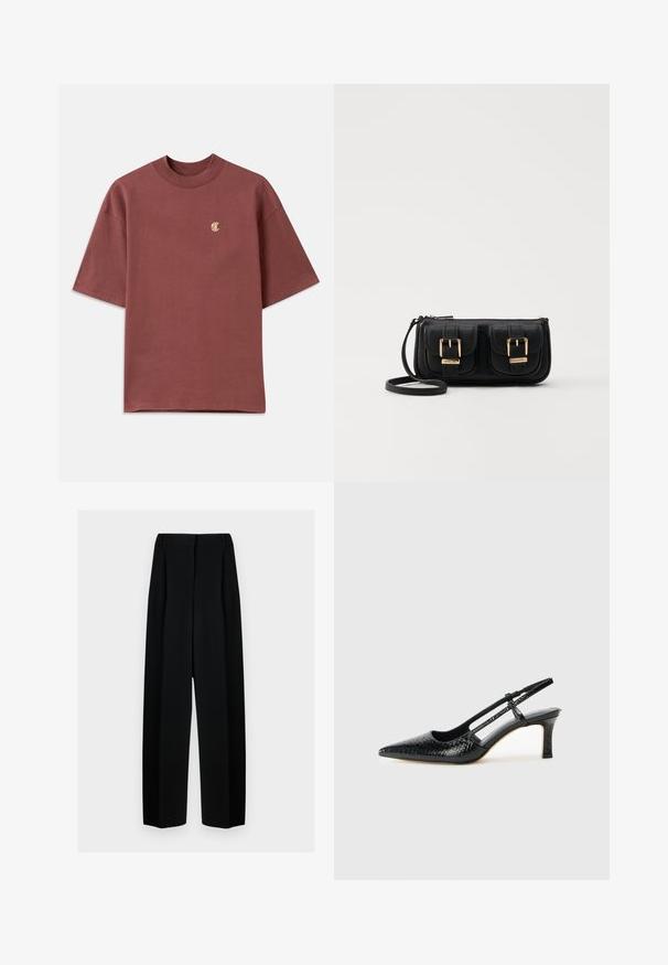 Tumesinine puuvillane T-särk, millel on lõdvestunud istuvus, lühikesed varrukad ja ümmargune kaelus. Vasakul rinnal on väike kuldne "C" logo.; Mustad laiad püksid kõrge vöökohtaga, millel on voldid ja sujuv tekstuur. Kanga välimus on kerge ja see ripub elegantselt.; Mustmust paelad, millel on terav varvas, tekstuuriga maduprindiga, reguleeritav rihm ja lühike tekstuuriga plokknina.; Must küllastamata nahast õlakott, millel on kaks esist nähtavat taskut, kuldsed pandlad, tõmblukuga sulgemine ja peen rihm. Tekstuuriga pind ja kompaktne ristkülikukujuline kuju.