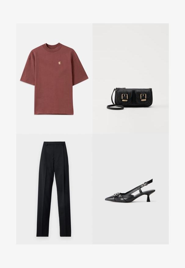 Sarkanais īsās piedurknes T-krekls no kokvilnas, ar apaļo kaklu un mazu zelta izšuvumu kreisajā krūtī.; Melnas bikses, izgatavotas no gludas auduma, ar augstu vidukli, platiem bikšu galdniekiem, priekšējiem krokām un klasiskām jostu cilpām. Sānu kabatas nav redzamas.; Melnas ādas šlipsveida kurpes ar norādītu purngalu, dekoratīvām joslām ar metāla acīm un zemu bloku papēdi. Teksturēta virsma.; Melnas ādas crossbody soma ar divām priekšējām kabatām, zelta sprādzēm, ar rāvējslēdzēju aizdari un šauru siksnu. Strukturēta virsma un kompakta taisnstūra forma.