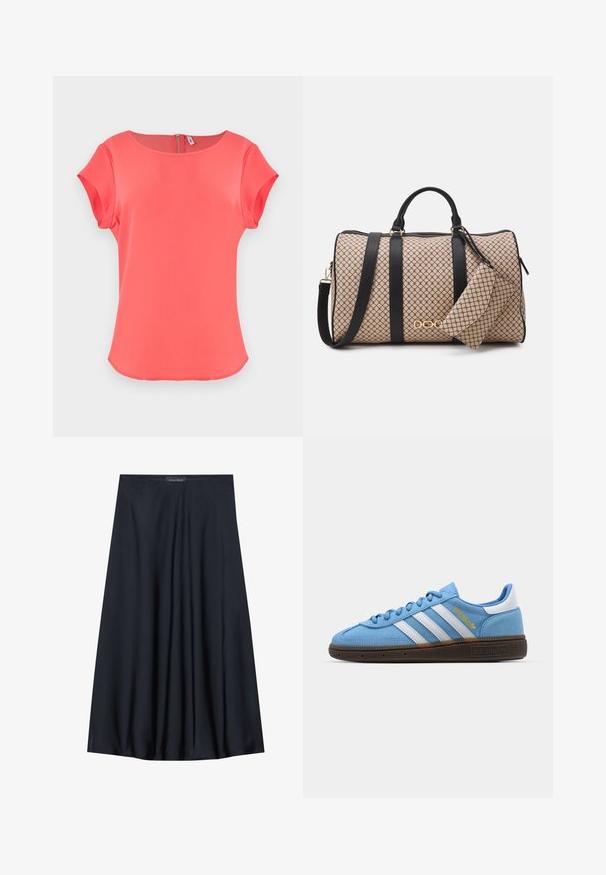Koraalkleurig t-shirt met korte mouwen, een ronde halslijn, een gladde textuur en een ritssluiting aan de achterkant. Eenvoudig, strak ontwerp met een licht gebogen zoom.; Mouwloze gele top met een gestructureerde afwerking en een geplooide zijdetail. Zachte stof en een ontspannen pasvorm, met een rechte zoom.; Zwarte, knielange rok van lichtgewicht stof met een vloeiende uitstraling. Kenmerkt zich door een gladde textuur en subtiele plooien voor extra detail.; Lichtblauwe suède sneakers met witte leren strepen, een bruine textuurzool en gouden logo-detail. Laag ontwerp met een ronde neus.; Dufflebag met een beige patroon aan de buitenkant, zwarte leren banden, gouden hardware en een kleine bijpassende pouch die eraan vastzit. Gestructureerd ontwerp.; Gouden rechthoekige polshorloge met een witte wijzerplaat, zilverkleurige uurmarkeringen en een duurzame metalen schakelarmband. Inclusief waterdichte functie.