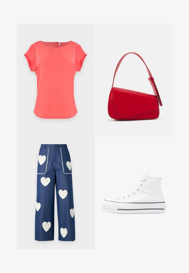 Coral short-sleeve top with a round neckline, smooth texture, and a back zipper closure. Simple, clean design with a slightly curved hem.; Sister Jane HEART TO HEART - Straight leg jeans - blue denim; White high-top canvas sneaker with black rubber sole, front rubber toe cap, and six eyelets for laces, featuring a clean, minimalist design.; Red leather handbag with an angular, geometric design. Features a single adjustable strap and a flap closure with stitched detailing.