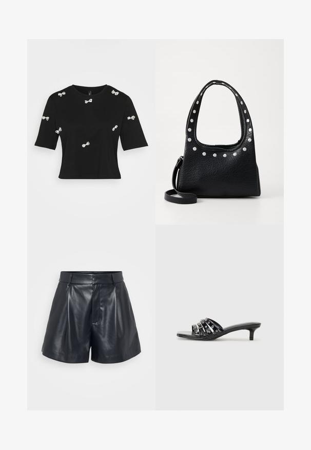 Svart bomullströja med korta ärmar och dekorativa vita rosettapplikationer spridda över framsidan och ärmarna.; Svarta lädershorts med en slät yta, skräddarsydd design, plisserad framdel och bälteslopp; har en dold dragkedjeficka på sidan.; Svarta klacksandaler med flera glänsande remmar och metalliska detaljer, med spetsig tå och måttliga kittenklackar. Slät textur.; Svart strukturerad läderväska med silverfärgade nitar längs den övre kanten och handtagen, med ett kort handtag och ett avtagbart band.; Silverörhänge med polerad yta, med små detaljer i guld och rund form, bärs på loben.
