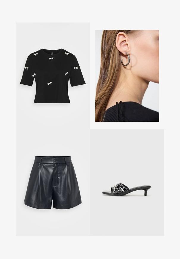 Svart bomullst-skjorte med korte ermer og dekorative hvite sløyfeapplikasjoner spredt over forsiden og ermene.; Sorte lærshorts med en glat tekstur, skræddersyet design, plisseret front og bæltestropper; har en skjult lynlås-lomme på siden.; Svarte hæl sandaler med flere glinsende stropper og metalliske detaljer, med spiss tå og moderate kitten hæler. Glatt tekstur.; Sølv ringøredob med en polert finish, med små gull detaljer og en rund form, båret på øreflippen.
