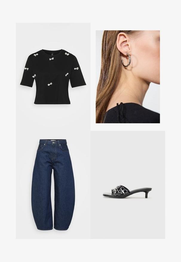 Svart bomullst-skjorte med korte ermer og dekorative hvite sløyfeapplikasjoner spredt over forsiden og ermene.; Mørkeblå denimjeans med vid, avslappet passform. Har glidelås, fire lommer og kontrastfarget søm langs sømmene.; Svarte hæl sandaler med flere glinsende stropper og metalliske detaljer, med spiss tå og moderate kitten hæler. Glatt tekstur.; Sølv ringøredob med en polert finish, med små gull detaljer og en rund form, båret på øreflippen.