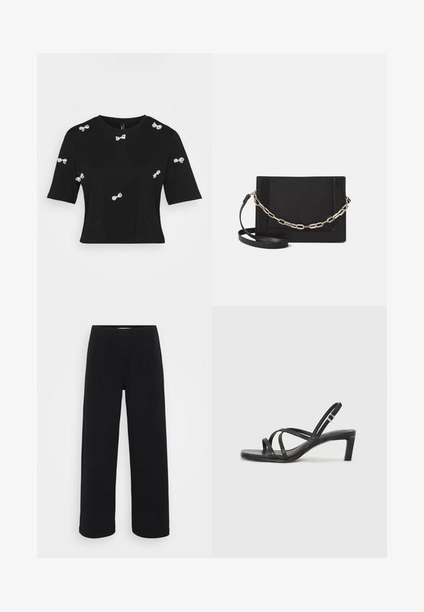 Juoda medvilninė marškinėliai su trumpomis rankovėmis ir dekoratyviniais baltais kaspinų aplikacijomis, išdėstytomis ant priekio ir rankovių.; Juodos plačios kelnės su elastingu juosmeniu. Pagamintos iš tekstūruotos medžiagos, turi laisvą siluetą ir tiesų kirpimą nuo klubų iki krašto.; Juodi šlepetės su kvadratiniu pirštu ir žemu bloku kulnu. Yra keli ploni dirželiai ir reguliuojamas kulkšnies diržas. Pagaminti iš lygios odos.; Juodas odinis per petį nešiojamas krepšys turi lygų paviršių, stačiakampio formą ir metalinę grandinėlę priekyje. Pridedama reguliuojama dirželis.