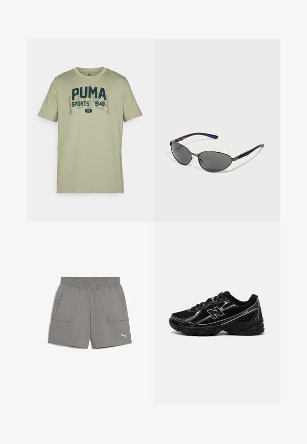 Vaaleanvihreä puuvillapaita, jossa on lyhyet hihat, pyöreä kaula-aukko ja tummansininen PUMA-tekstisuunnittelu, jossa lukee "SPORTS 1948" erottuvalla fontilla.; Harmaat cargo-shorts, jotka on valmistettu kevyestä kankaasta. Shortsissa on joustava vyötärö, kaksi sivutaskua ja pieni logo vasemmassa alareunassa.; Mustat urheilukengät, joissa on verkkosivukangas, hopeiset yksityiskohdat, pehmustettu pohja ja nauhakiinnitys. Ominaisuuksiin kuuluvat pyöreä kärki ja kuvioitu pohja.; Aurinkolasit, joissa on soikeat mustat linssit, metallinen kehys sekä mustat ja siniset teksturoidut jalat. Kehyksissä on sivulogo-aksentti.