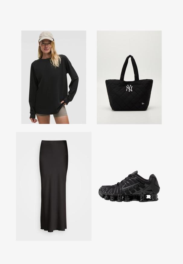 Svart långärmad skjorta med rund halsringning och avslappnad passform. Kombineras med hudfärgade shorts. Har en mjuk textur och fulla ärmar.; Svart, golvlång satinkjol med en slät textur, figurnära midja och A-linjeformad silhuett, utan synliga dekorationer eller mönster.; Svart sportskor med ovandel i mesh och blanka detaljer. Har böjliga fjädrar för dämpning och texturerade linjer på sidan. Nike-logotypen är synlig.; Vadderat svart tote bag med dubbla handtag, med en vit New York Yankees-logotyp och en liten varumärkesemblem på sidan.