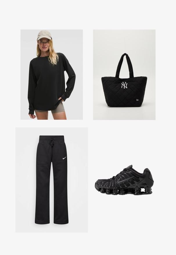 Crna majica dugih rukava s okruglim izrezom i opuštenim krojem. Uparena s kratkim hlačama boje kože. Ima mekanu teksturu i pune rukave.; Crne trenirke od mješavine pamuka, s elastičnim pojasom s vezicom, ravnim nogavicama i bijelim Nike logotipom na lijevoj strani.; Crne atletske cipele s mrežastim gornjim dijelom i sjajnim premazima. Imaju zakrivenu zavojnicu za amortizaciju i teksturirane linije sa strane. Vidljiv Nike logo.; Crna torba s kvadratnim uzorkom i dvostrukim ručkama, s bijelim logotipom New York Yankees i malim simbolom marke s strane.