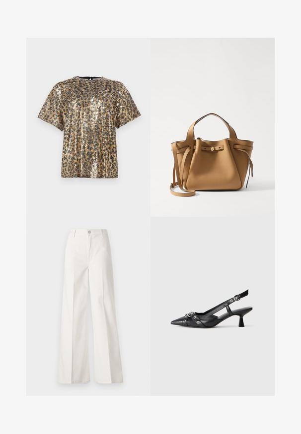 Paljetti toppi leopardikuosi, jossa on lyhyet hihat, pyöreä pääntie ja metallinhohtoinen kultainen ja musta väri.; Valkoiset leveälahkeiset housut, jotka on valmistettu puuvillasta ja joissa on sileä rakenne. Ominaisuuksiin kuuluvat etupainike, vetoketjuluukku ja neljän taskun muotoilu.; Mustat nahkakengät, joissa on avonainen takaosa ja kärjessä terävä muoto, koristevyöt, joissa on metalliset reiät, sekä matala lohkoepohja. Teksturoitu pinta.; Tory Burch ROMY PEBBLED SATCHEL - Käsilaukku - tiramisu