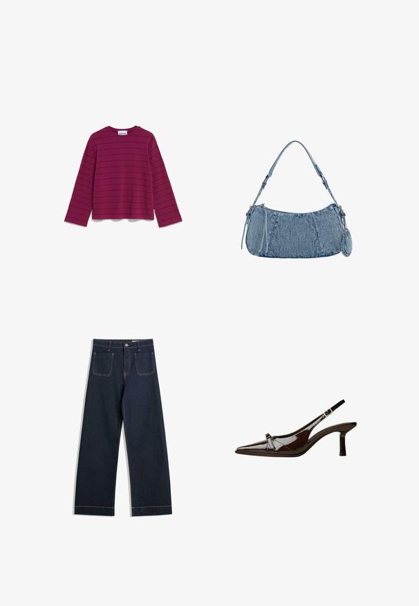 ARMEDANGELS MARYNA FINE STRIPE - Langarmshirt - cherry juice cranberry juice; Dunkelblaue weite Jeans aus Denim mit kontrastierendem hellbraunem Nähen, zwei Gesäßtaschen und einem Knopfverschluss an der Taille.; Braune Lackleder-Slingback-Schuhe mit spitzem Zehenbereich, niedrigem Absatz und einer dekorativen Schleifenakzent an der Vorderseite. Glatte, glänzende Textur.; Denim-Handtasche mit geschwungener Form, hellblauer Farbe, verstellbarem Schultergurt und einem kleinen abnehmbaren Täschchen mit metallischen Akzenten.