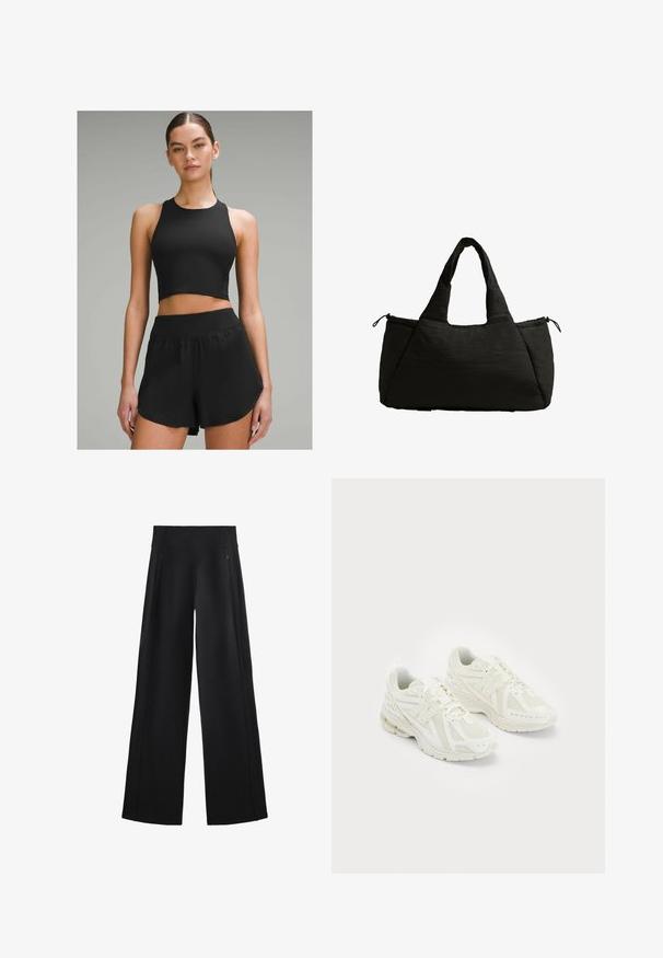 Musta urheilullinen toppi korkealla kaula-aukolla, yhdistettynä mustiin shortseihin, joissa on leveä vyötärönauha ja sivuakkentti. ; Mustat, leveälahkeiset housut, jotka on valmistettu pehmeästä kankaasta. Niissä on korkea vyötärö ja kaksi vetoketjullista taskua, sekä huomaamattomat saumat sivuilla.; Valkoiset urheilukengät, joissa on verkkomateriaali ja synteettisiä materiaaleja, nauhakuulakesuunnittelu, pehmustettu kaulus ja teksturoitu pohja pidon takaamiseksi. Kevyt rakenne.; Musta kangaskassi, jossa on paksu tekstuuri, kaksi lyhyttä kahvaa ja sivutasku, joka on suljettu nyörillä. Yksinkertainen, kulmikas muotoilu.