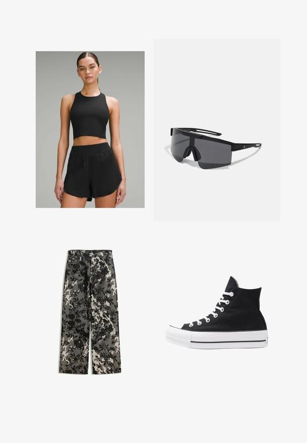 Top corto sportivo nero con collo alto, abbinato a pantaloni shorts neri con una vita alta e dettagli accentuati sui lati.; Pantaloni a gamba larga di media altezza con un motivo floreale nero e bianco su sfondo grigio, dotati di una cintura classica e tasche anteriori.; Sneaker alta nera in tela con occhielli e lacci bianchi e suola in gomma. Presenta un punta testurizzata e accenti a strisce bianche e nere.; Occhiali da sole oversized neri con una robusta montatura in plastica, design avvolgente e lenti scure, dotati di ponte nasale e minimi dettagli laterali.; Even&Odd Shopping bag - black