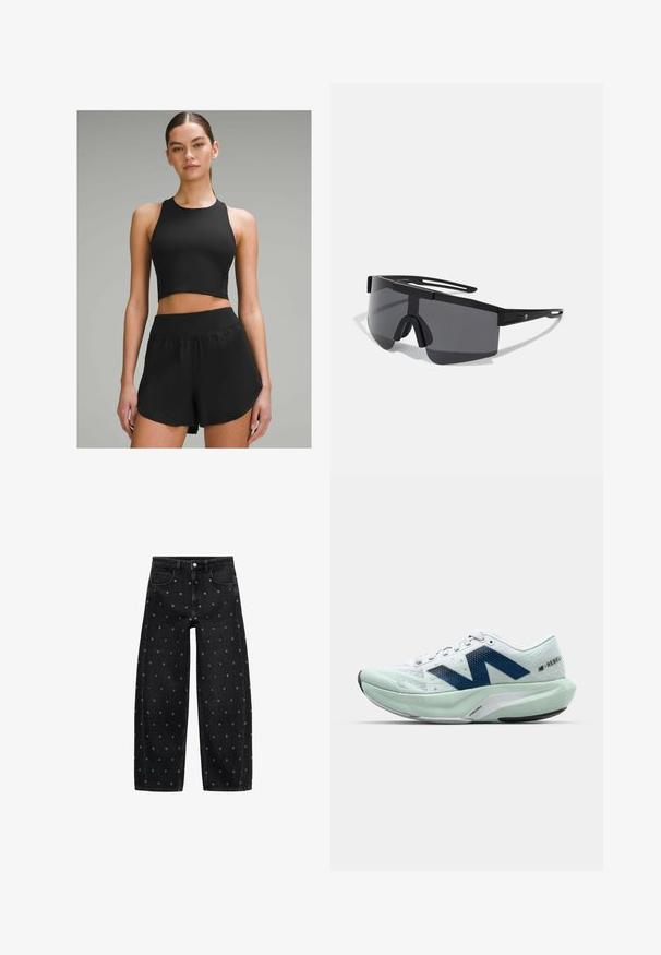 Sort atletisk crop top med høj hals, parret med sorte shorts med bred livkant og sideaccentdetaljer.; Sorte denim bredbuks med et mønster af små sølvøjer, med et klassisk fem-lomme design og knaplukning foran.; Letvægt løbesko i hvid og lys mint, med blå accenter, struktureret mesh overdel og en polstret sål med udtalt hæl.; Sorte oversized solbriller med en robust plastikramme, wraparound design og mørke linser, der har en næsebro og minimale sideaccenter.