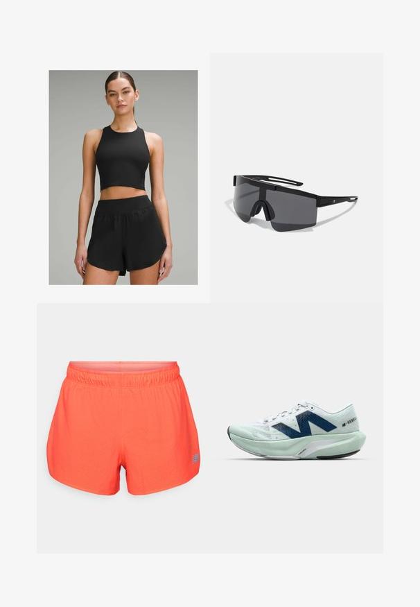 Must mustapõhja sportlik crop top kõrge kaelusega, paaritatud mustade lühikestega, millel on lai vöökoht ja külgmine detail.; Meeste jooksuteks mõeldud lühikesed püksid erksas korallitoonis, valmistatud hingavast kangast, millel on perforatsioonidega tekstuur. Omavad elastset vöökohta ja sinist logo aktsenti.; Kerge jooksujalats valge ja heleda mündi värvuses, siniste aktsentidega, tekstuuriga võrkkangas ülalt ja pehme tallaga, kus on väljendunud kand.; Mustad mustad prillid, millel on tugev plastist raamis, ümber keha disain ja tumedad läätsed, millel on ninavõll ja minimaalsed külgmised aksessuaarid.