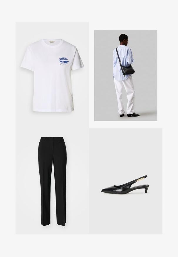 Bílý bavlněný tričko s modrou grafikou lehátka a slunečníku na levé straně hrudi, kulatý výstřih, krátké rukávy.; Černé kalhoty na míru se střihem do rovna, které mají hladkou texturu a ostré sklady na přední straně. Bez viditelného kování.; Černé kožené boty na podpatku s otevřenou patou a špičatou špičkou, s tenkým podpatkem a zlatým akcentem na nastavitelném pásku. Hladký povrch.; Černá kožená kabelka přes rameno s jemnou texturou, trojúhelníkovým tvarem a nastavitelným popruhem, v kombinaci se světle modrou pruhovanou košilí a bílými kalhotami.