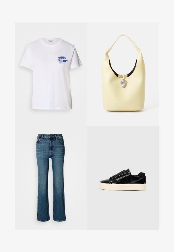 White cotton t-shirt featuring a blue graphic design of a deck chair and umbrella on the left chest area, round crew neck, short sleeves.; High-waisted blue jeans made of denim, featuring a straight leg design, subtle fading, and a standard button and zipper closure.; Black patent leather sneakers with a flat cream sole. Features black laces, gold eyelets, and logo detail on the side. Rounded toe design.; Hobo bag in soft yellow leather with a rounded shape. Features a smooth finish, dark inner lining, and a silver-toned accent at the closure.