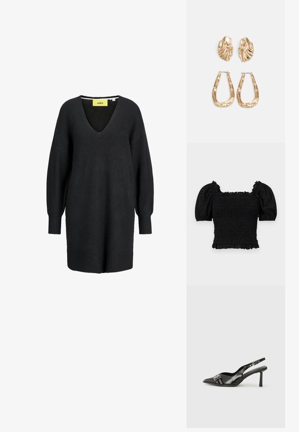 Top negru cu broderie, cu decolteu pătrat, mâneci scurte tip puff, accente volătuțe și un finisaj texturat. Dispune de un corset ajustat și o margine fluturată.; Rochie pulover neagră supradimensionată cu decolteu adânc în V, mâneci lungi și tiv ondulat. Fabricată dintr-un material moale, texturat. Eticheta vizibilă la guler.; Pantofii slingback din piele lăcuită neagră, cu vârf ascuțit, bretele pentru gleznă cu catarame și accesorii din argint, și un toc subțire.; Geantă de umăr metalică aurie cu un design structurat, textură netedă și curea reglabilă. Prezintă o formă triangulară unică și cusături minimaliste.; Cercei aurii cu forme texturate și ondulate. Include studs sculpturale cu clip și un design de cerc deschis cu un finisaj cioplit.