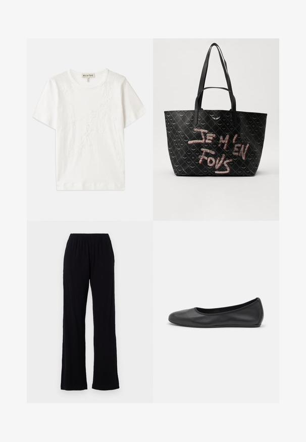 Valkoinen puuvillapaita lyhyillä hihoilla, jossa on edessä kukkakirjontakuvio ja pyöreä pääntie.; Mustat, kevyet, joustavat vyötäröhousut suoran lahkeen muotoilulla. Pehmeä rakenne ilman näkyviä kuvioita tai koristeita. Yksinkertainen ja monikäyttöinen tyyli.; Musta nahkainen ballerina, jossa on pyöristetty kärki, sileä pinta, minimaalinen ommelkoristelu ja joustava pohjamuotoilu.; Musta olkalaukku, jossa on teksturoitu materiaali ja timanttikuvio, olkahihnat sekä rohkeaa punaista ja valkoista tekstiä, jossa lukee "JE M'EN FOUS."