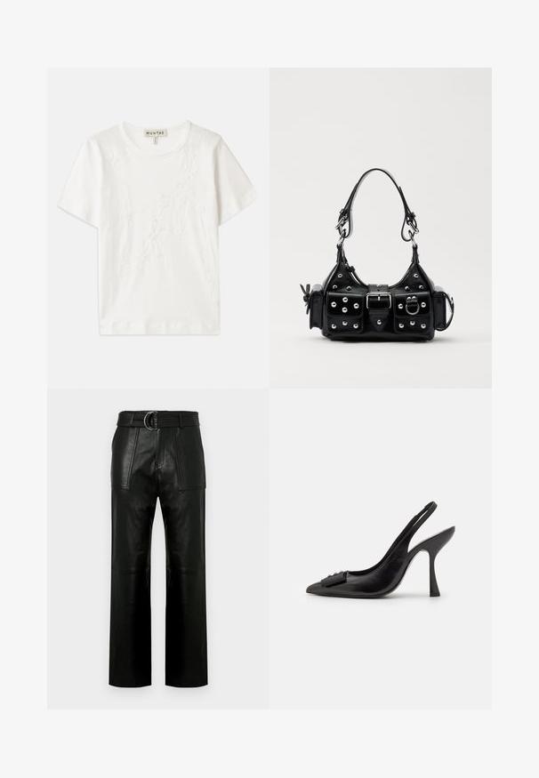Biely bavlnený tričko s krátkymi rukávmi, zdobené kvetinovou výšivkou na prednej strane a okrúhlym výstrihom.; Vysoké čierne kožené nohavice s širokými nohavicami, veľkými prednými vreckami a zodpovedajúcim opaskom s dvojitým krúžkovým sponou.; Čierne kožené šľapky so špicatou špičkou, úzkym vysokým opätkom a dekoratívnou mašľou. Hladká textura a elegantný dizajn.; Čierna kožená kabelka s zakriveným dizajnom, doplnená striebornými cvočkami, prackou a dvoma bočnými vreckami. Nastaviteľný popruh poskytuje rôzne možnosti nosenia.