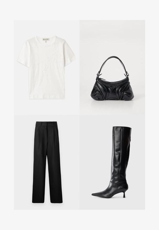 White cotton t-shirt with short sleeves, featuring floral embroidery design on the front and a round neckline.; Black wide-leg trousers with a smooth texture, featuring front pleats and a high waist design. Made from a lightweight fabric.; Black leather knee-high boot with a pointed toe and slim curved heel. Smooth texture, fitted design, and no visible hardware or patterns.; Black handbag made of textured leather with a rounded shape. Features a thin shoulder strap and decorative embossed patterns.
