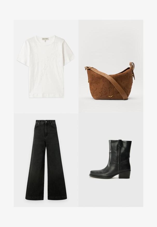 White cotton t-shirt with short sleeves, featuring floral embroidery design on the front and a round neckline.; High-waisted, wide-leg jeans in dark black denim. Features include a button closure, front pockets, and a smooth texture with minimal fading.; Black leather ankle boot with a rounded toe, block heel, side zipper, and stitching accents on the vamp. Smooth texture, classic design.; Brown suede shoulder bag with embossed floral design, complemented by a smooth brown leather strap and gold-tone hardware accent.