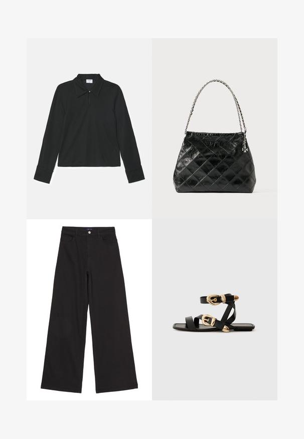 Polo shirt nera a maniche lunghe caratterizzata da colletto a risvolto, un bottone al collo e polsini aderenti. Tessuto morbido con una texture liscia.; Pantaloni neri a gamba larga in denim, con vita alta, tasche frontali e un singolo bottone in metallo in vita, texture liscia.; Sandali neri in pelle con dettagli in oro, caratterizzati da più cinghie e una suola piatta per un design open-toe.; Borsa a tracolla nera in pelle trapuntata con manico a catena argentata, caratterizzata da un design strutturato e una texture liscia.