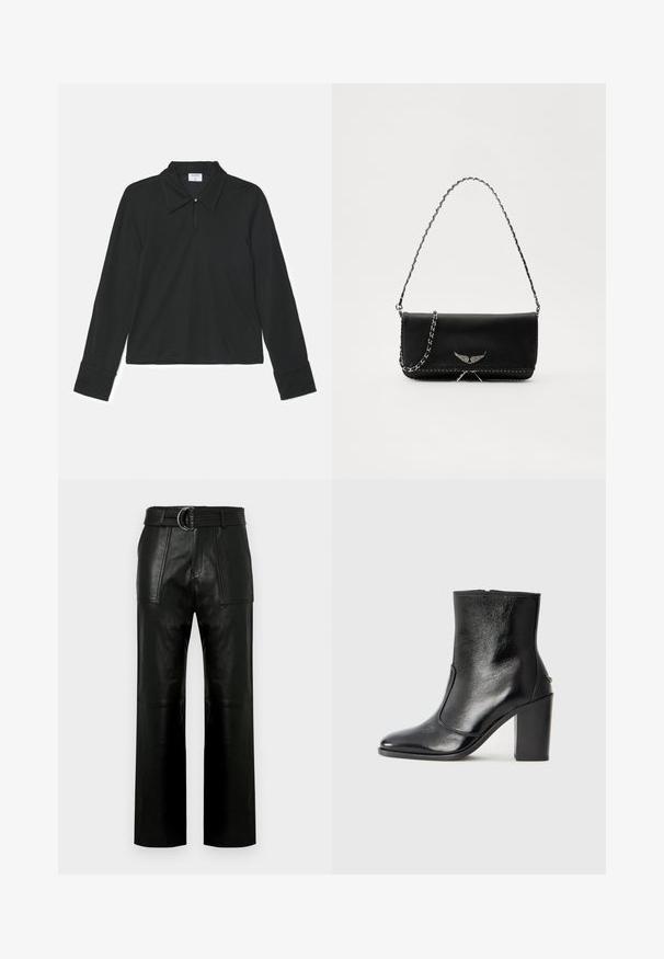 Sort poloshirt med lange ærmer, der har en fold-down krave, en knap ved halsen og tætsiddende manchetter. Blødt stof med en glat tekstur.; Høj talje sorte læderbukser med brede ben, store forreste lommer og et matchende bælte med dobbelt-ring spænde.; Sorte læder ankelstøvler med en glat overflade, spids tå og en chunky høj hæl. Har en sidelukning og minimalistisk design.; Sort læderhåndtaske med en sølv kædestrop, der har dekorative vingedetaljer og hvid syning langs bunden.