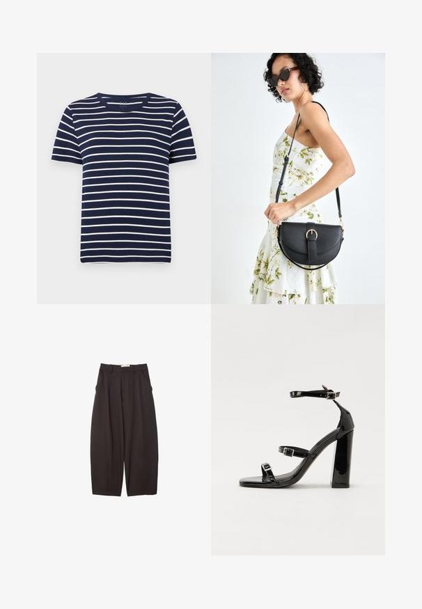 T-paita lyhyillä hihoilla tummansinisellä värillä, valkoisilla vaakasuorilla raidoilla, pyöreällä kaula-aukolla ja pehmeää puuvillamateriaalia. Yksinkertainen, klassinen muotoilu.; Mustat leveälahkeiset housut, jotka on valmistettu sileästä kankaasta. Niissä on korkea vyötärö, etupleatsit ja sivutaskut. Yksinkertainen muotoilu ilman koristeita.; Musta kiiltävä korkokenkä sandaalit neliönmuotoisella varpaalla, nilkkaremmillä ja hopeisilla soljilla. Varustettu tukevalla lohkokorkealla vakauden takaamiseksi.; Musta nahkainen käsilaukku, joka on kaareva muotoilultaan, irrotettavalla hihnalla ja kultaisilla yksityiskohdilla. Laukussa on läppä, jossa on solk yksityiskohta.