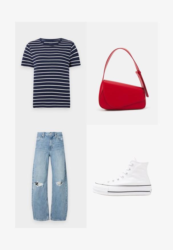 T-shirt azul-marinho de manga curta com riscas horizontais brancas, decote redondo e material de algodão suave. Design simples e clássico.; Jeans de lavagem clara, de cintura alta, feitos de denim. Apresentam pernas largas, duas áreas rasgadas nos joelhos e o estilo clássico de cinco bolsos.; Sapatilha alta de tela branca com sola de borracha preta, bico de borracha na frente e seis ilhós para os atacadores, apresentando um design limpo e minimalista.; Bolsa de mão em couro vermelho com um design angular e geométrico. Apresenta uma única alça ajustável e um fecho com aba, com detalhes cosidos.